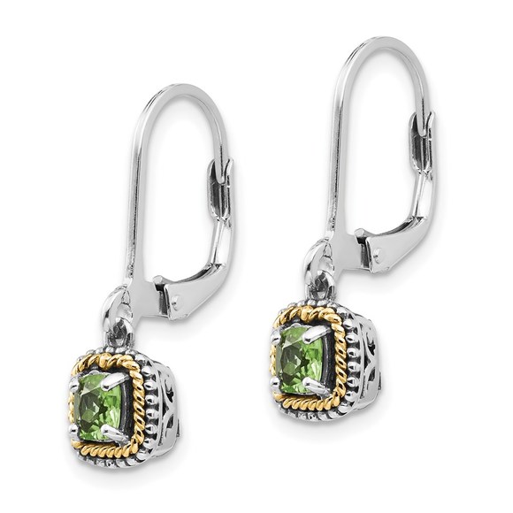 925 SS w/ 14K  Antiqued Cushion Peridot August Birthstone Leverback Earrings - Picture 2 of 4